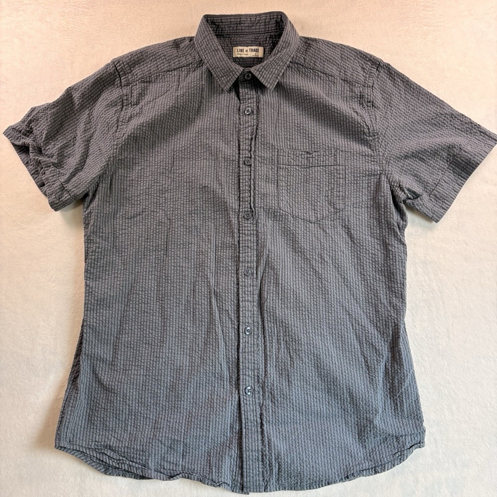 Line Of Trade Mens Seersucker Short Sleeve Button Down 100% Cotton Blue Shirt L